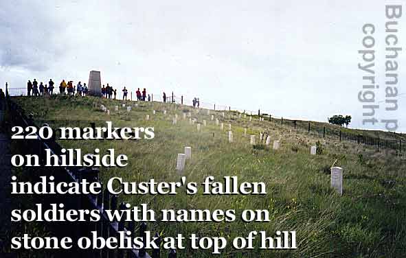 Memorial and body markers on hillside where General George Custer died0